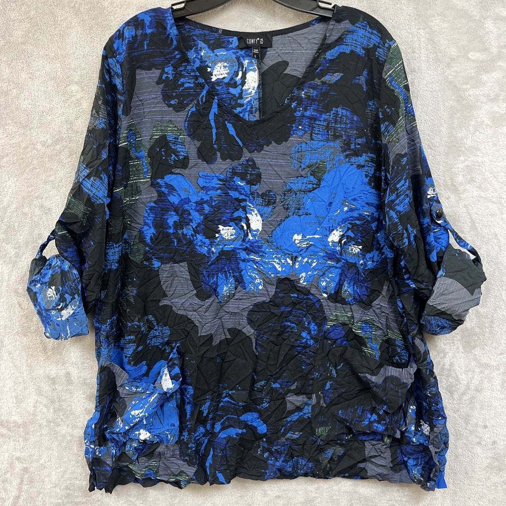 Comfy USA Top‎ Women's L Dark Floral Print V Neck Pockets 3/4 Roll Tab Sleeve